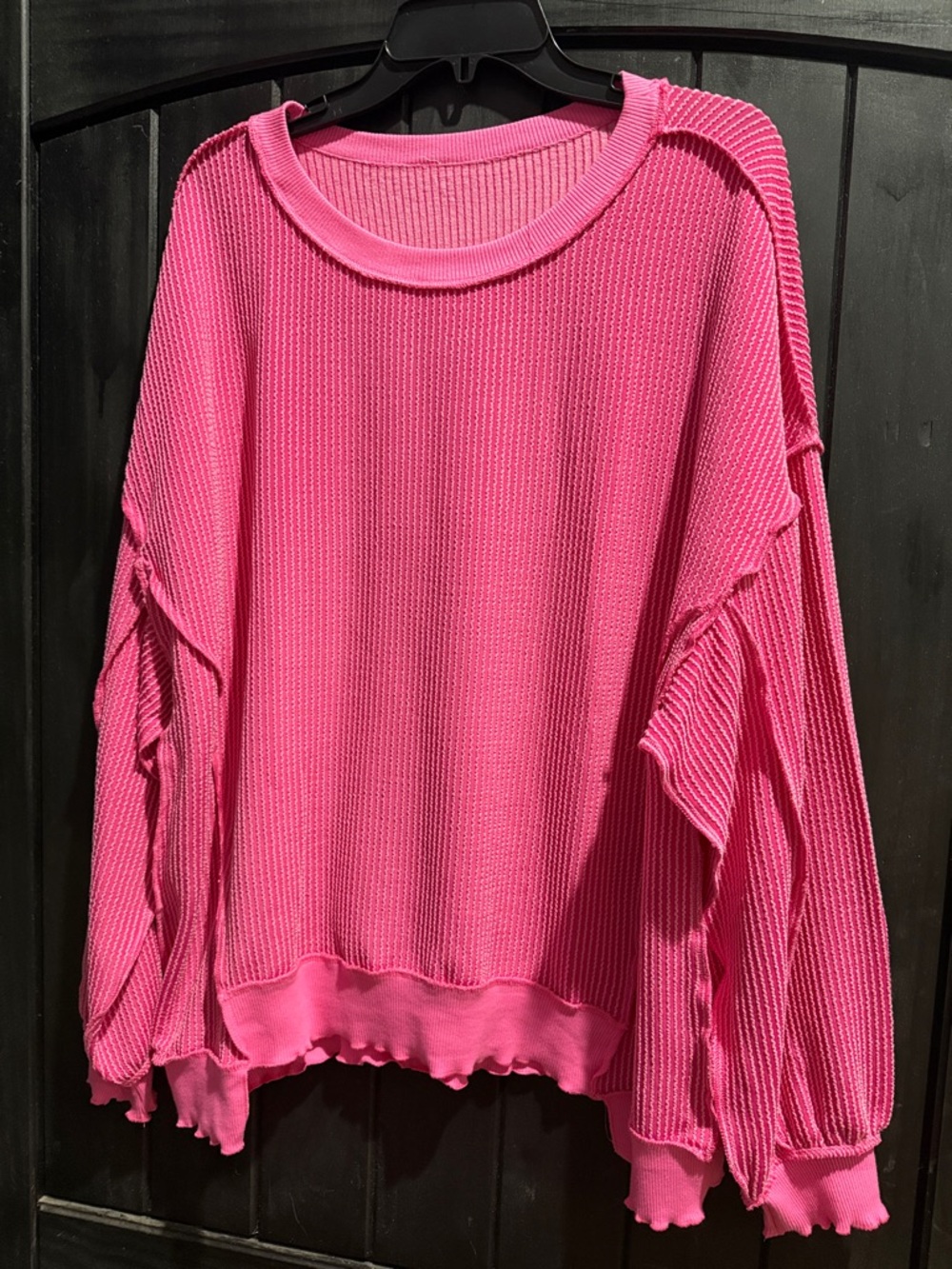 Hot Pink Waffle-Knit Long Sleeve Blouse
